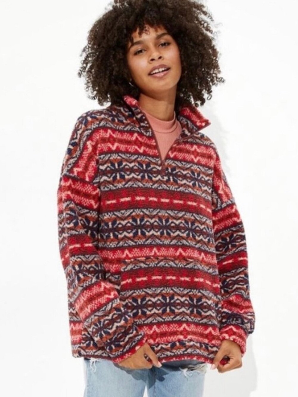 American Eagle Quarter Zip Fleece Nordic Aztec Fairisle Tribal Pullover Medium